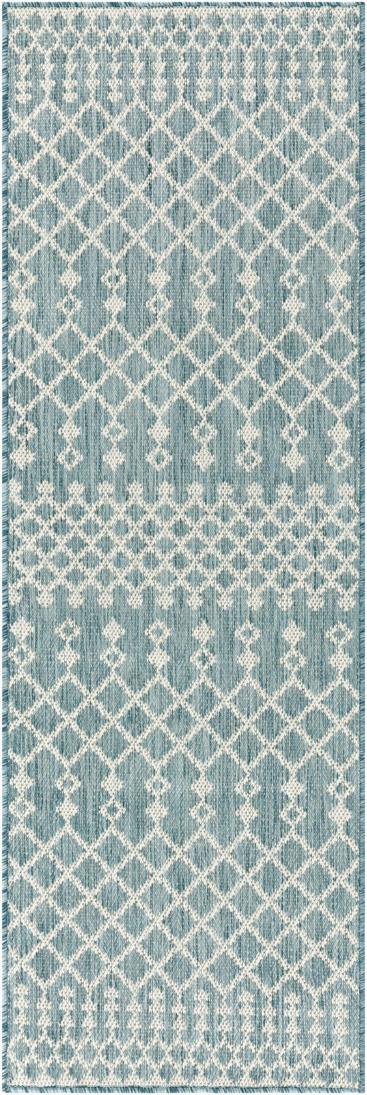 Blue and white geometric lattice runner rug with diamond pattern and fringed ends.