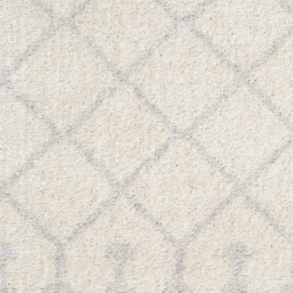 Beige textured rug with gray diamond grid and arch motifs.