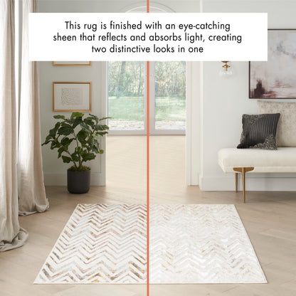 Cream chevron area rug with dual sheen on light wood floor; modern living room with plant, window and sofa.