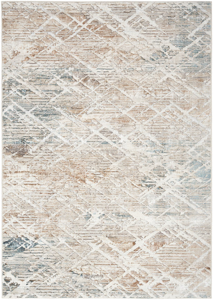 Soft beige and cream area rug with pale blue and gray lattice diamond pattern, abstract modern style for living room.