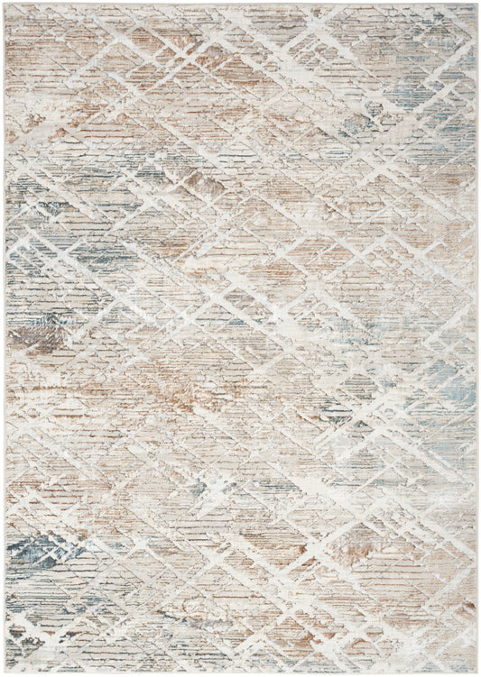 Soft beige and cream area rug with pale blue and gray lattice diamond pattern, abstract modern style for living room.