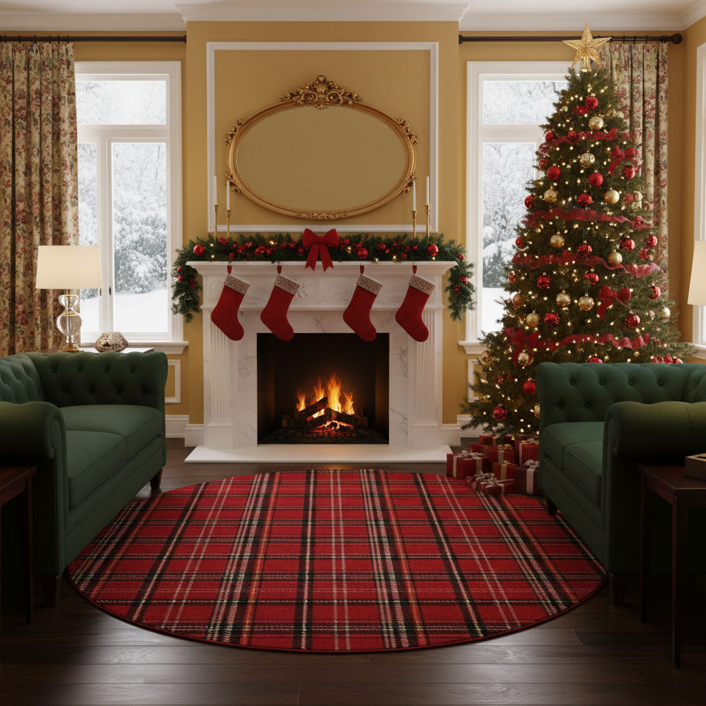 Cozy holiday living room with lit fireplace, Christmas tree, red plaid round rug, green tufted sofas & stockings.