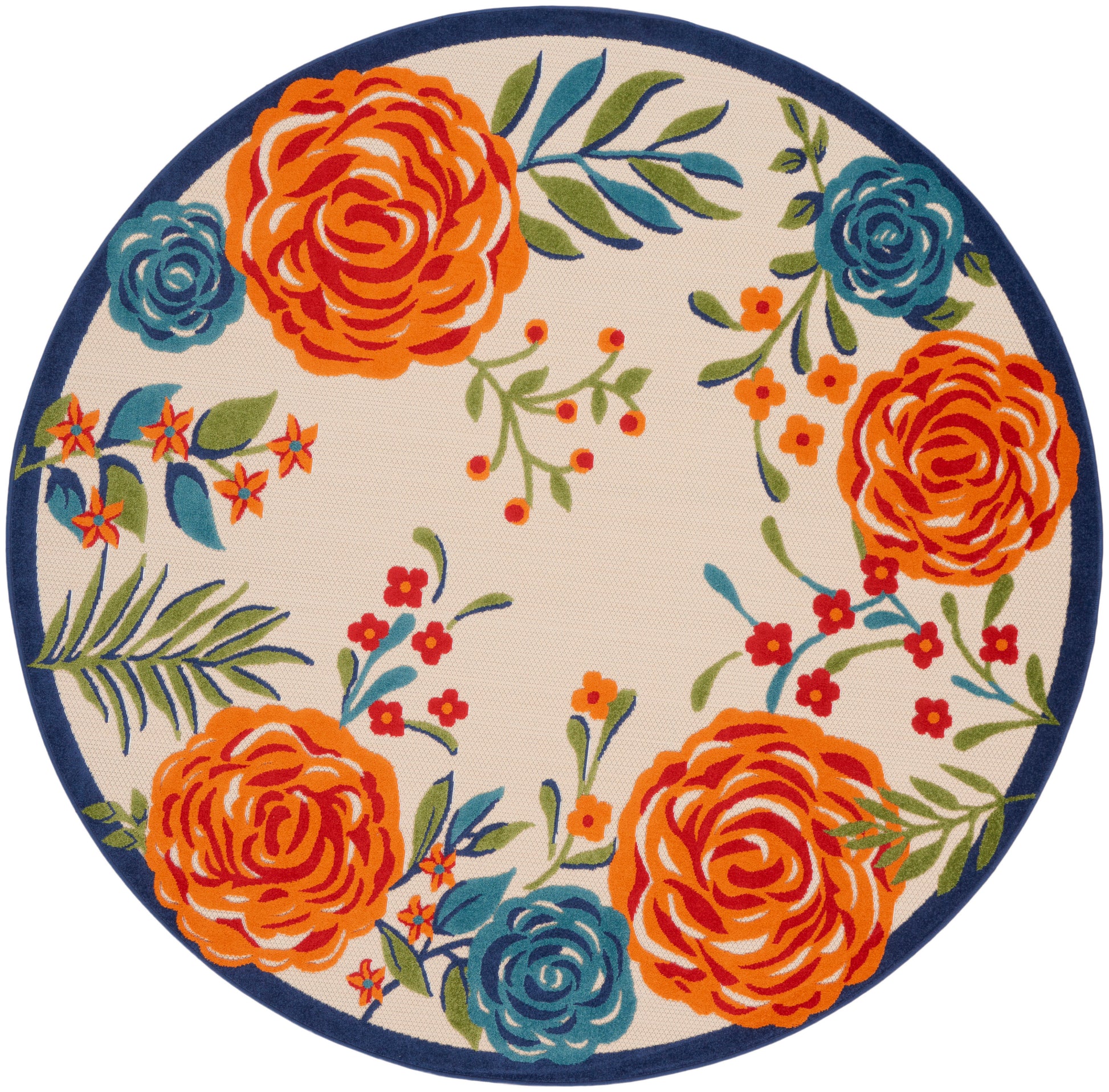 Round floral rug with cream background, vivid orange and teal flowers, green leaves, navy edge.
