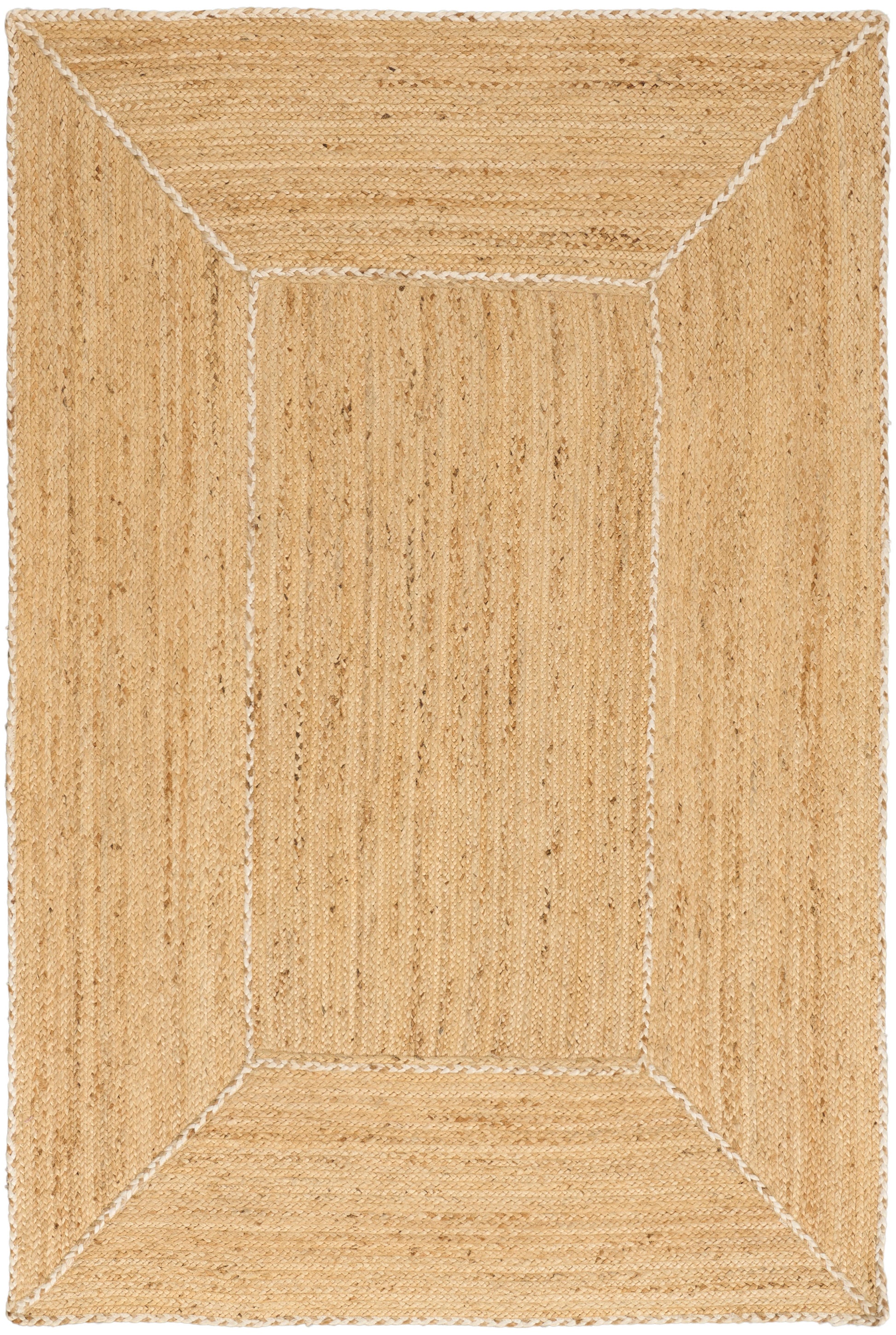 Natural jute rug with boxed frame pattern, beige woven texture, rectangular, casual coastal style.