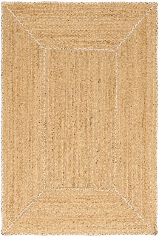 Natural jute rug with boxed frame pattern, beige woven texture, rectangular, casual coastal style.