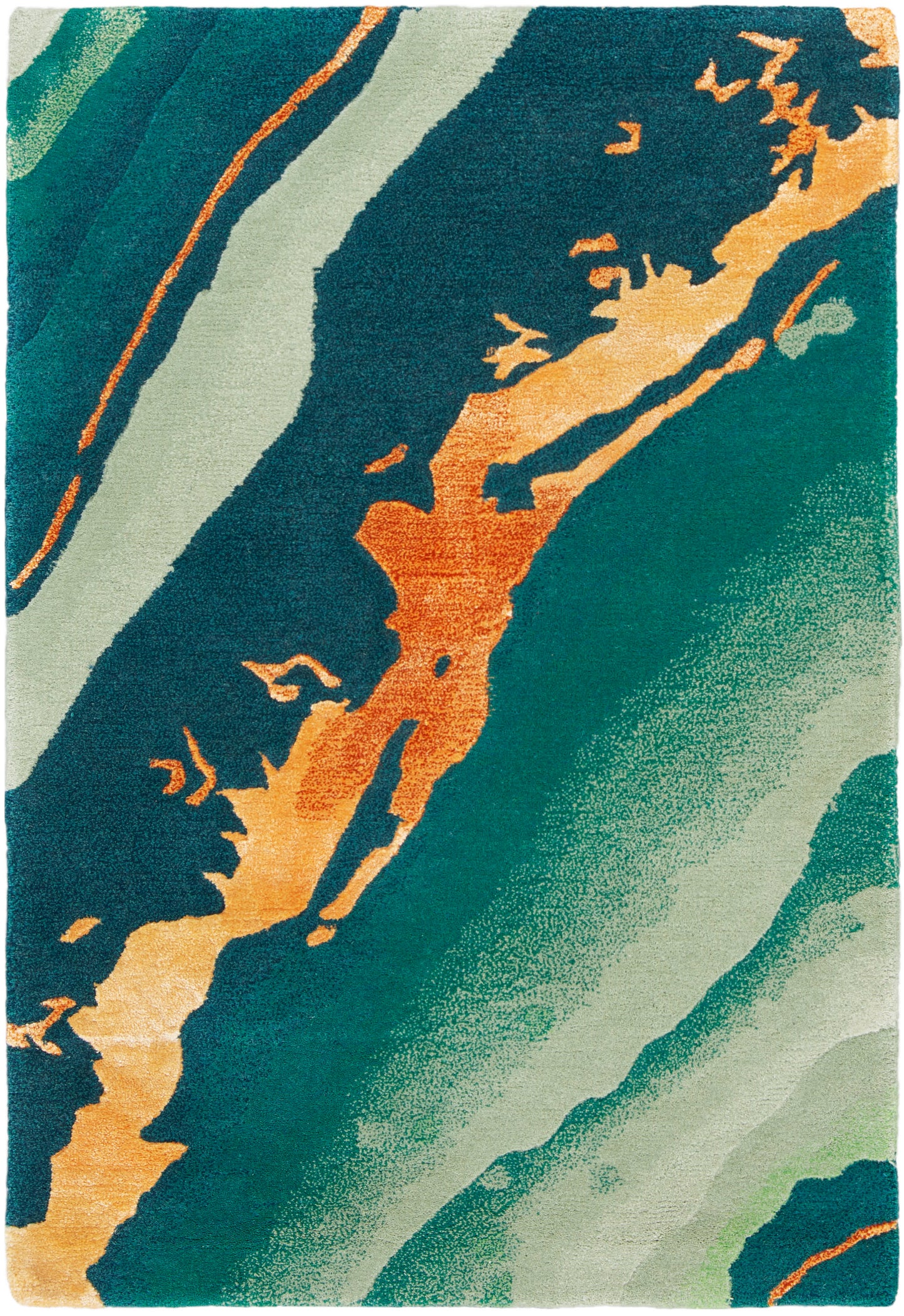 Soft plush area rug in teal, turquoise, mint green and orange with flowing wave-like bands.
