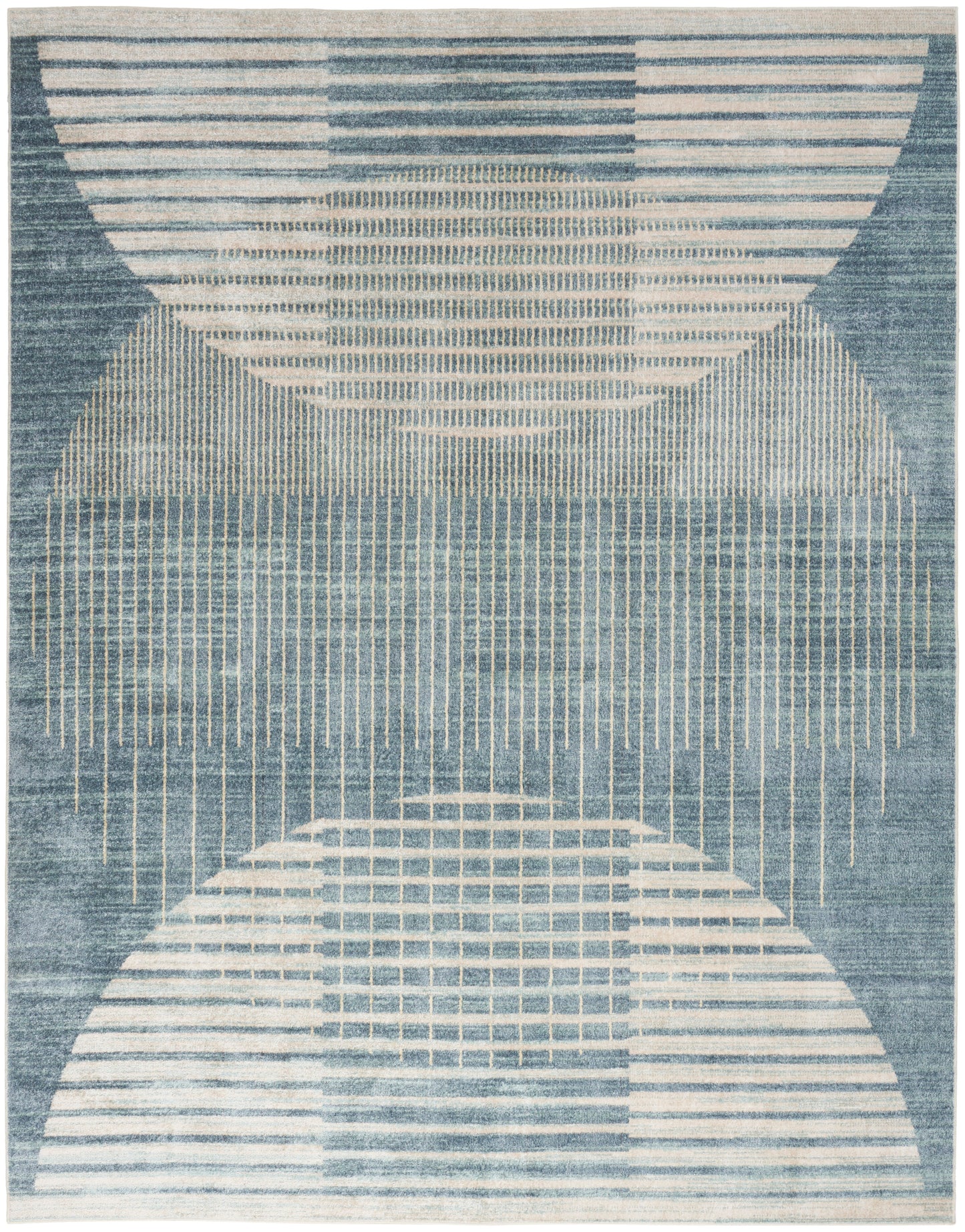 Blue and cream geometric area rug with overlapping semicircles and striped patterns in a mid-century modern design.