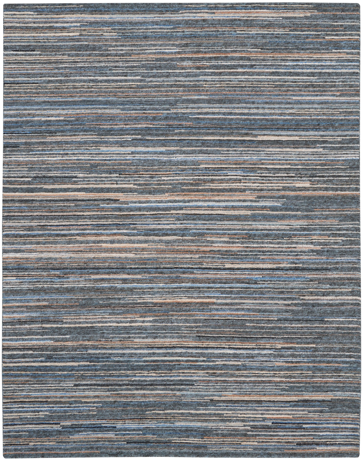 Rectangular area rug with irregular blue-gray stripes and tan-beige accents in a modern abstract pattern.