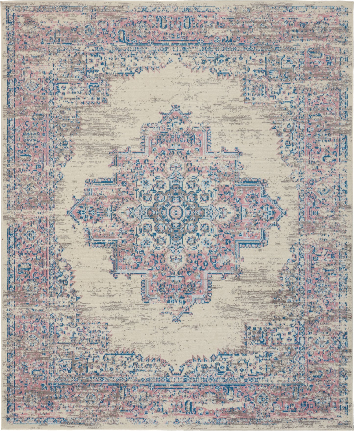 Distressed vintage-style area rug with central blue-pink medallion on cream background and ornate pastel borders.
