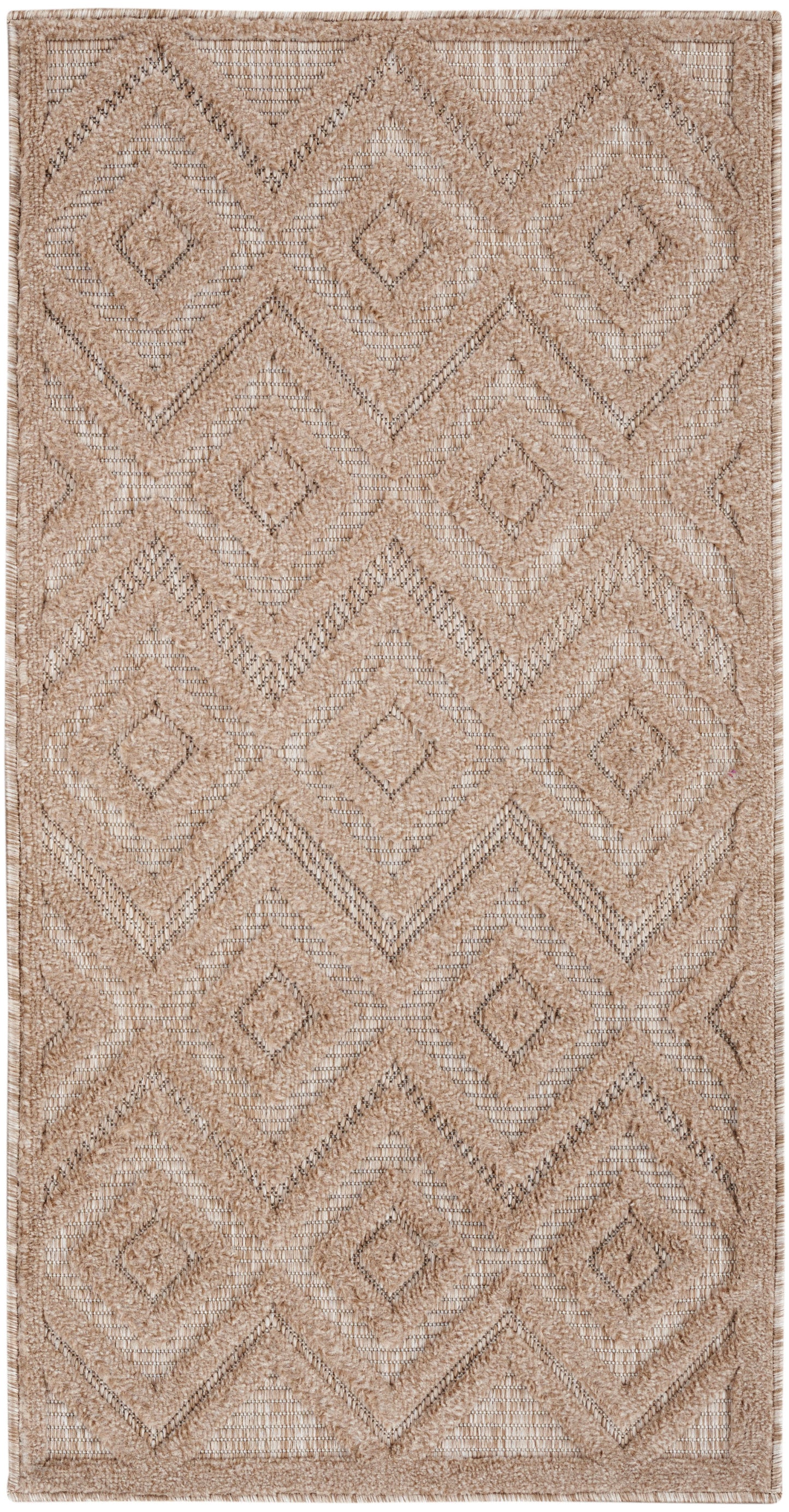 Beige geometric rug with nested diamonds and chevron pattern; textured woven look in neutral tan.