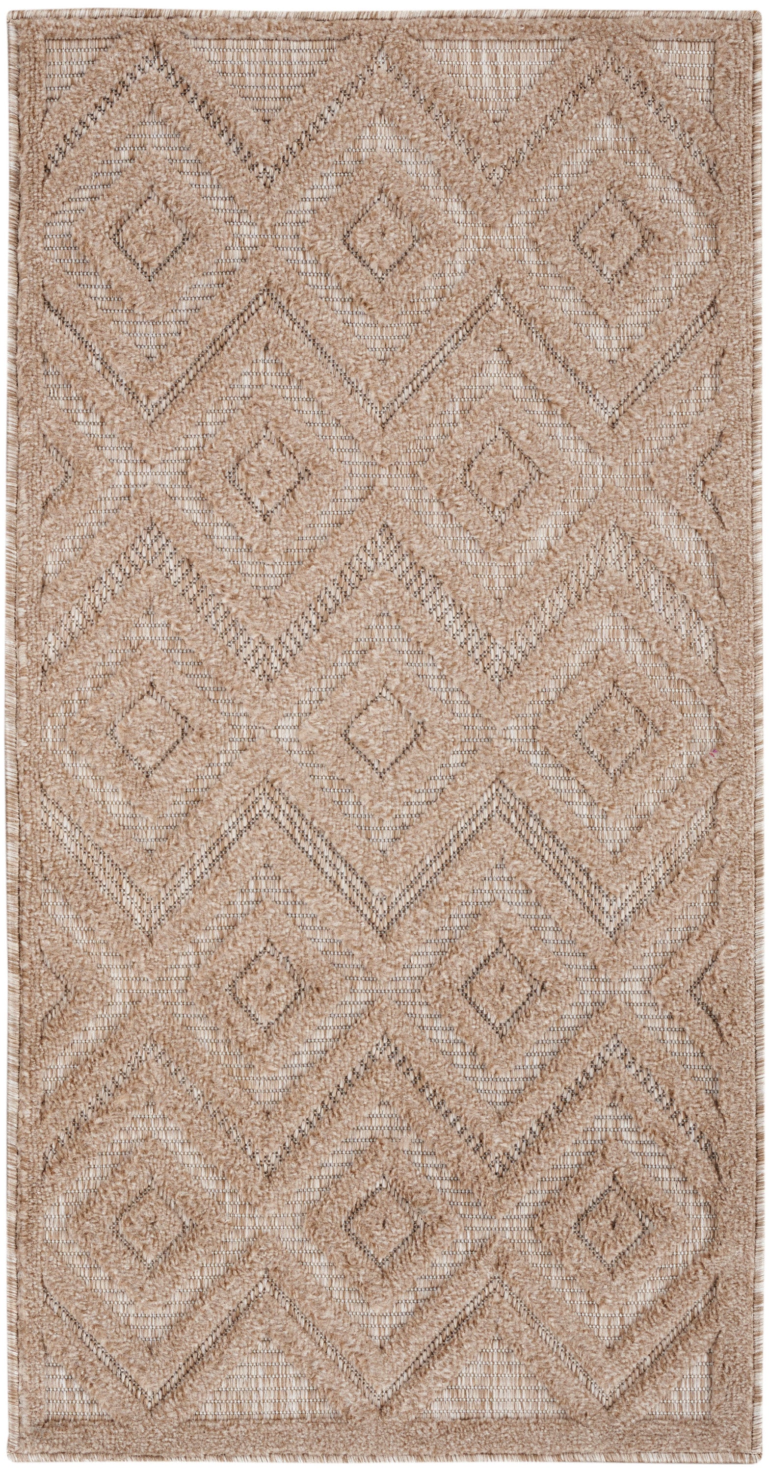 Beige geometric rug with nested diamonds and chevron pattern; textured woven look in neutral tan.