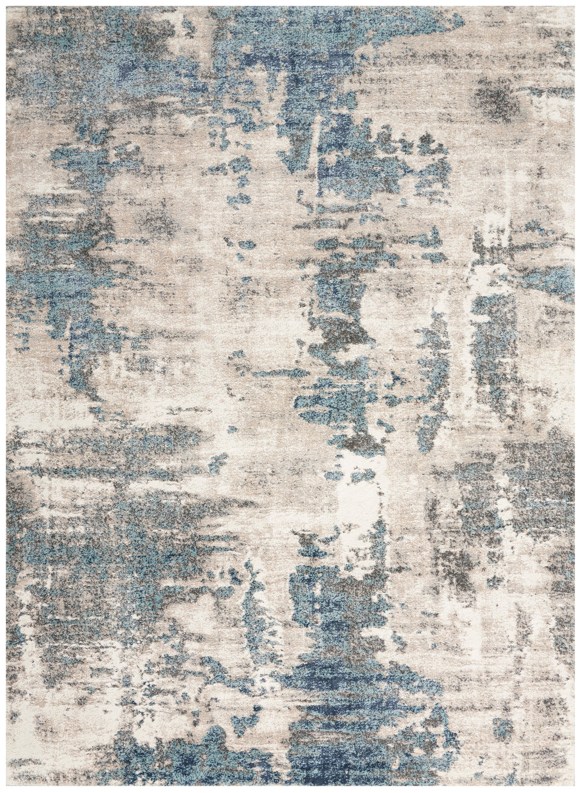 Abstract distressed beige and blue area rug with gray accents; modern home decor.