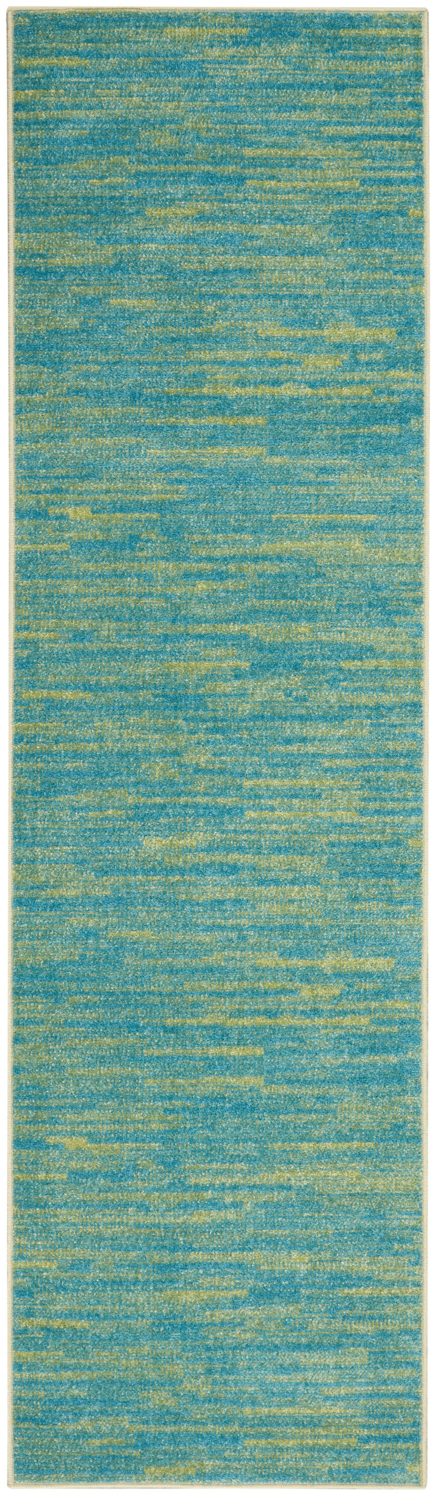 Turquoise blue abstract runner rug with yellow hints, low-pile with beige border, modern coastal style.