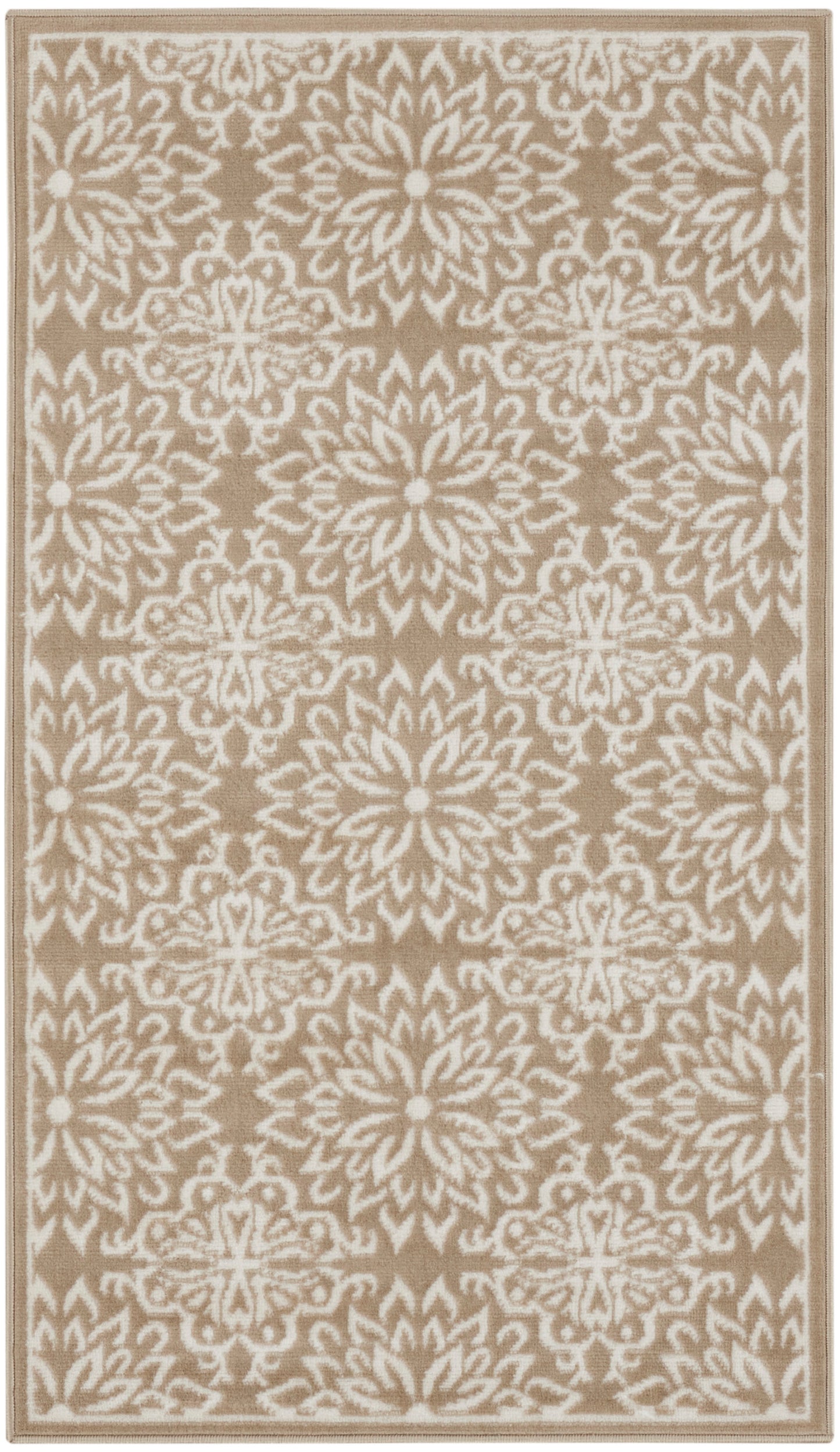 Beige rectangular rug with a white intricate floral medallion pattern and a subtle border.