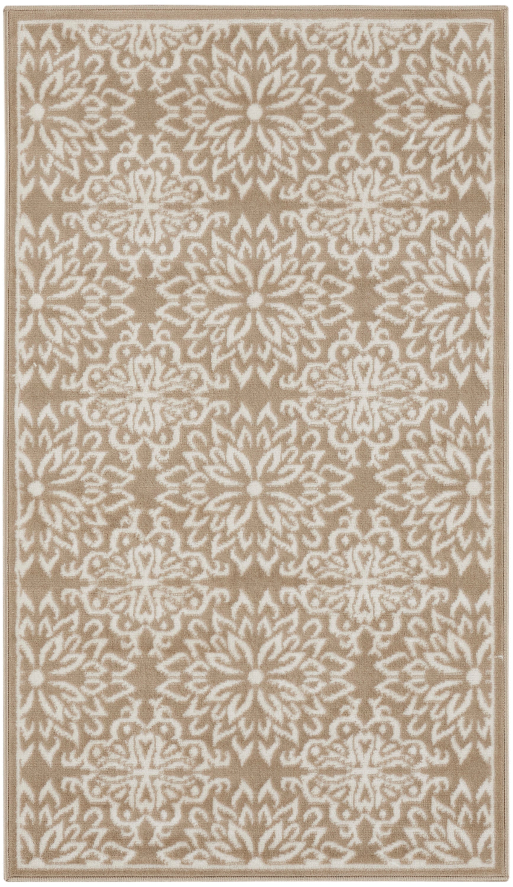 Beige rectangular rug with a white intricate floral medallion pattern and a subtle border.