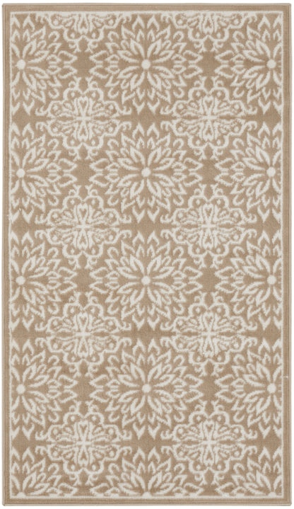 Beige rectangular rug with a white intricate floral medallion pattern and a subtle border.