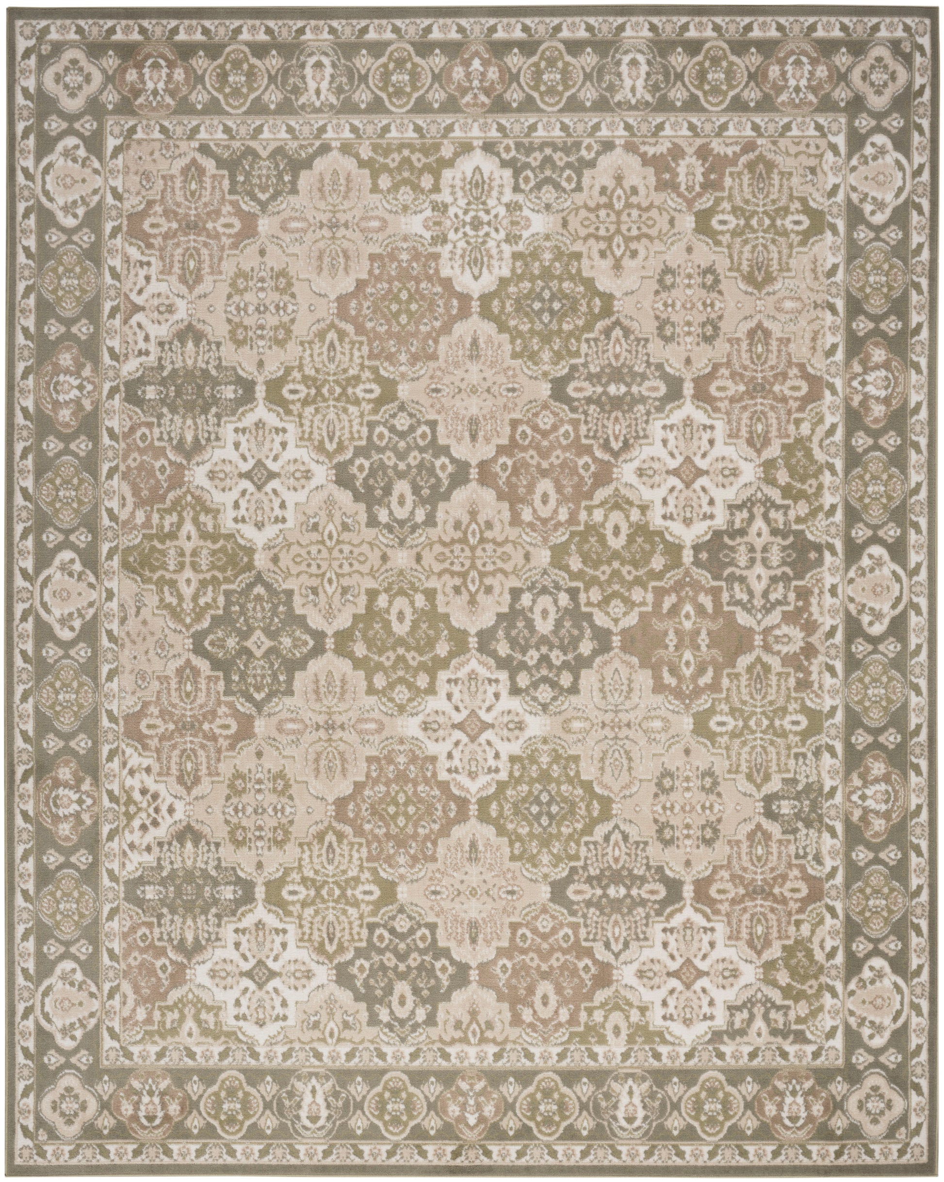 Neutral-toned oriental rug with cream, beige, sage and taupe florals and a decorative border; traditional damask motif.