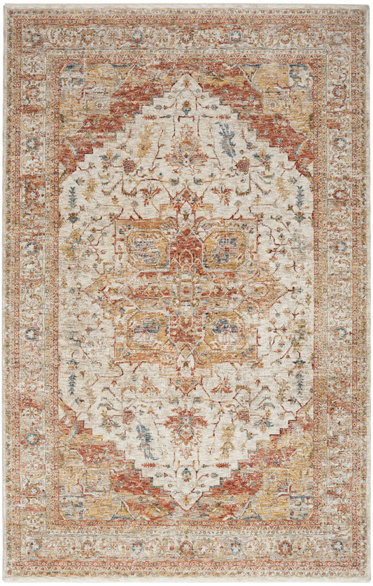 Vintage Persian-style area rug with ivory cream field, central medallion, rust-red borders, and blue-gold floral accents.