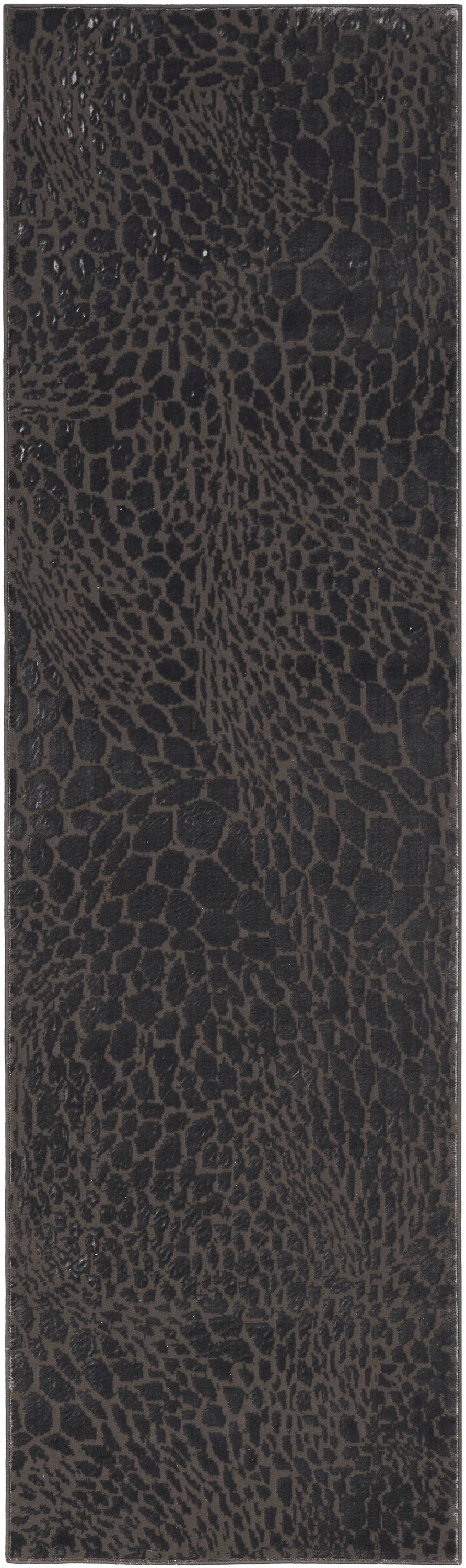 Long rectangular modern 8 ft runner rug in dark brown with a crocodile-embossed pattern.