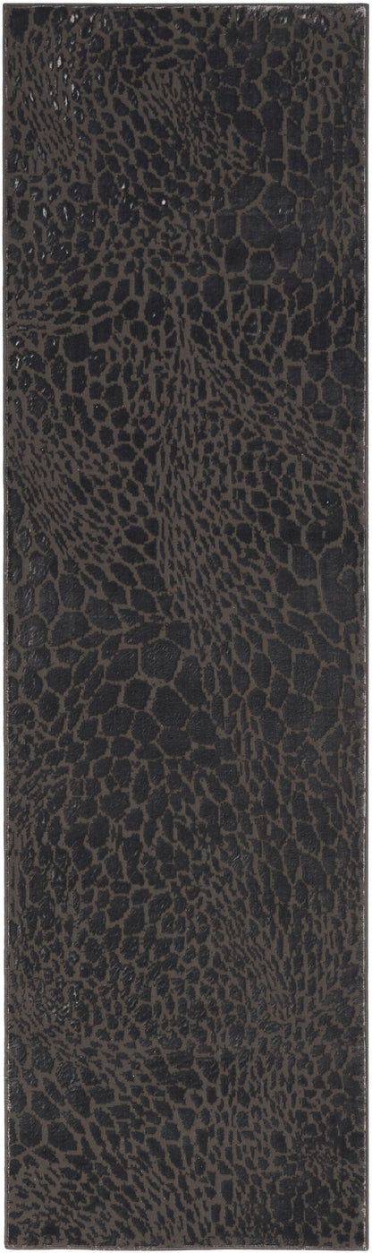 Long rectangular modern 8 ft runner rug in dark brown with a crocodile-embossed pattern.