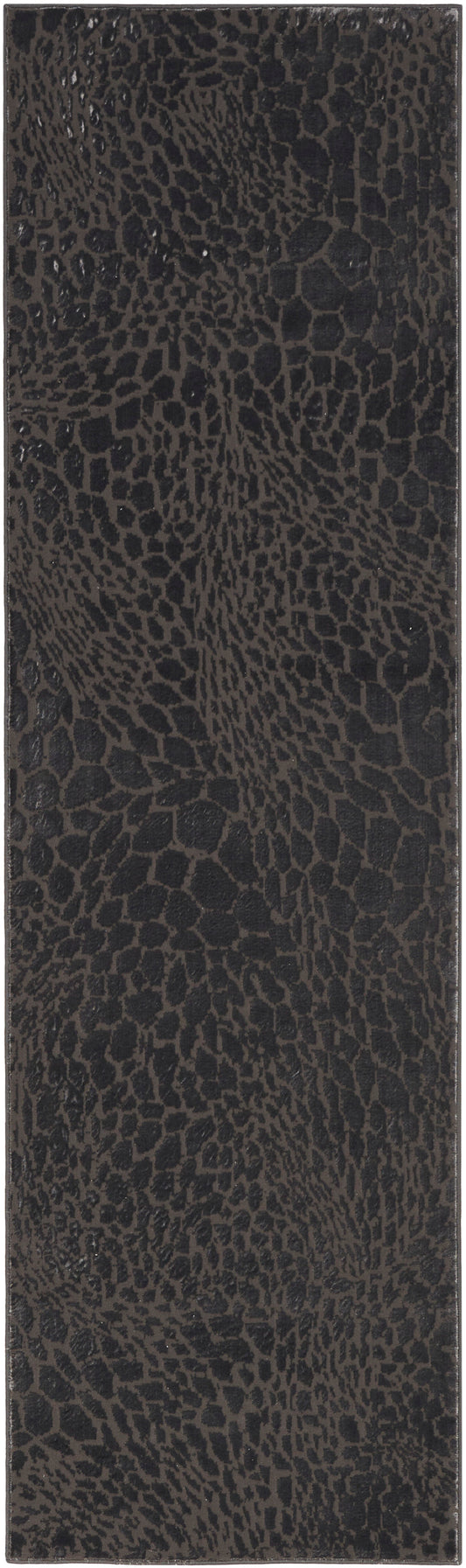 Long rectangular modern 8 ft runner rug in dark brown with a crocodile-embossed pattern.