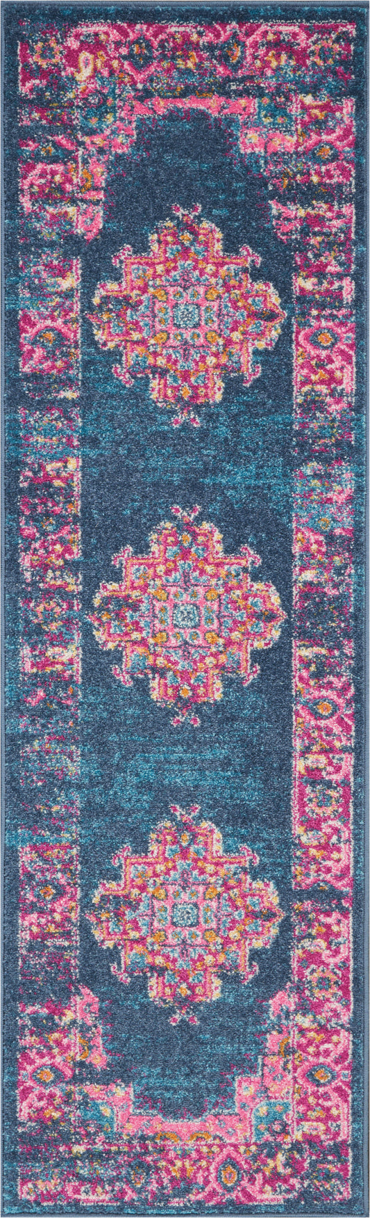 Long turquoise runner rug with pink border and repeating ornate multicolor medallions in teal, pink and yellow.