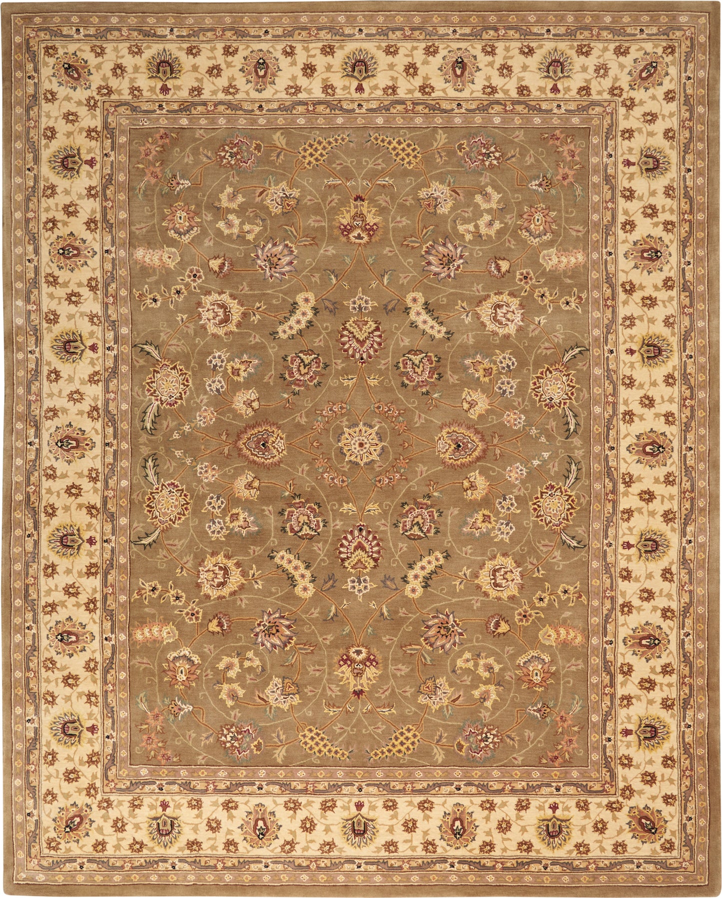 Oriental area rug with olive-taupe field, cream border, and intricate multicolor floral vines and rosettes in red, gold, blue.