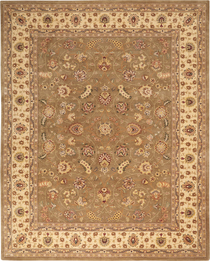 Oriental area rug with olive-taupe field, cream border, and intricate multicolor floral vines and rosettes in red, gold, blue.