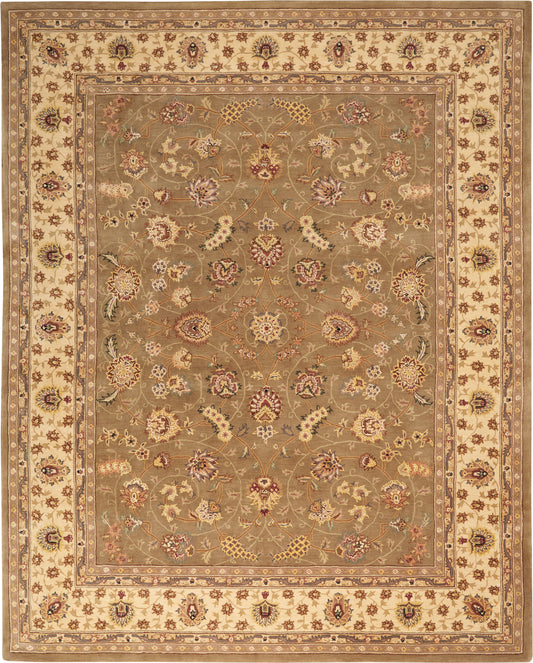 Oriental area rug with olive-taupe field, cream border, and intricate multicolor floral vines and rosettes in red, gold, blue.