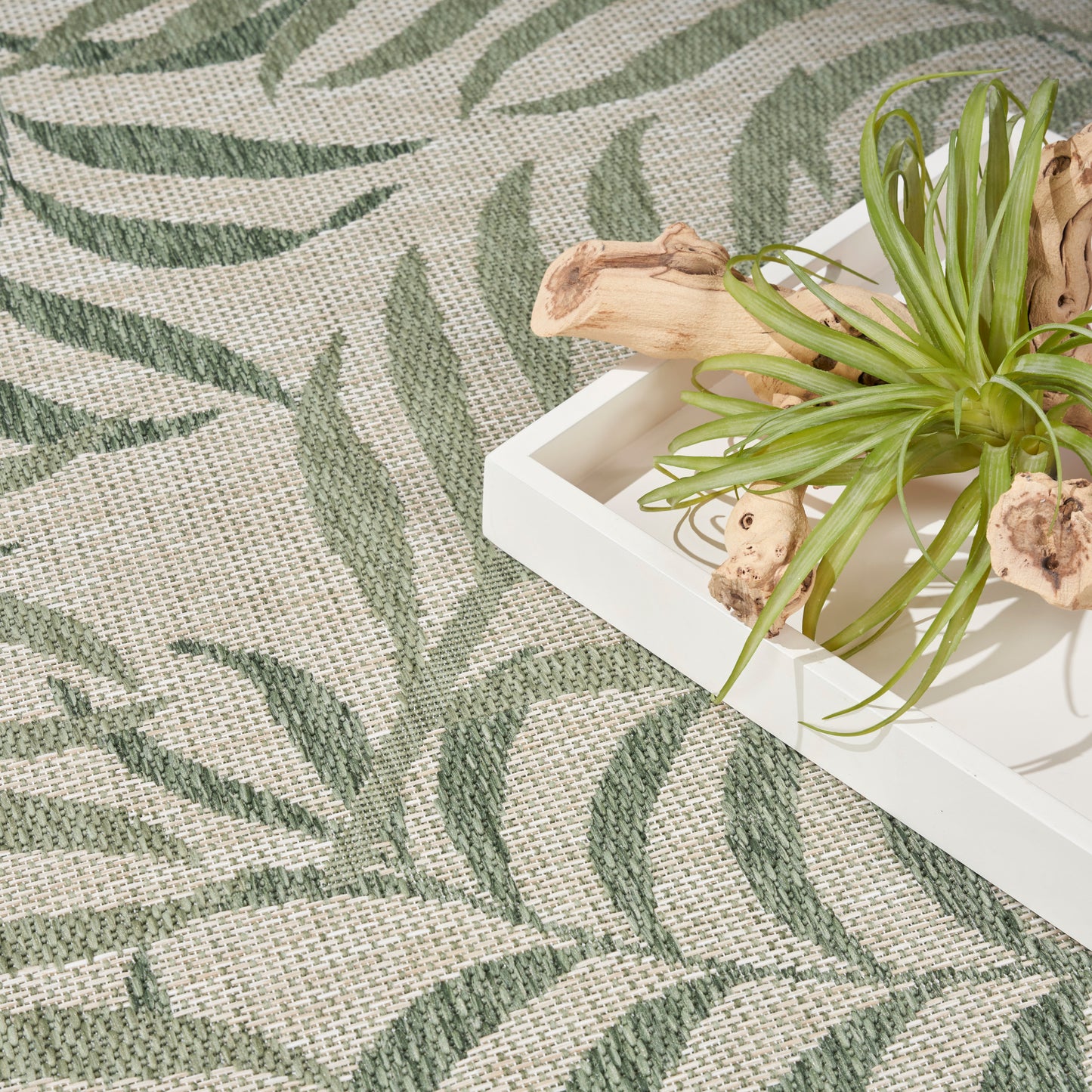 Beige woven rug with sage green tropical leaf pattern; white rectangular tray holds an air plant and driftwood decor.