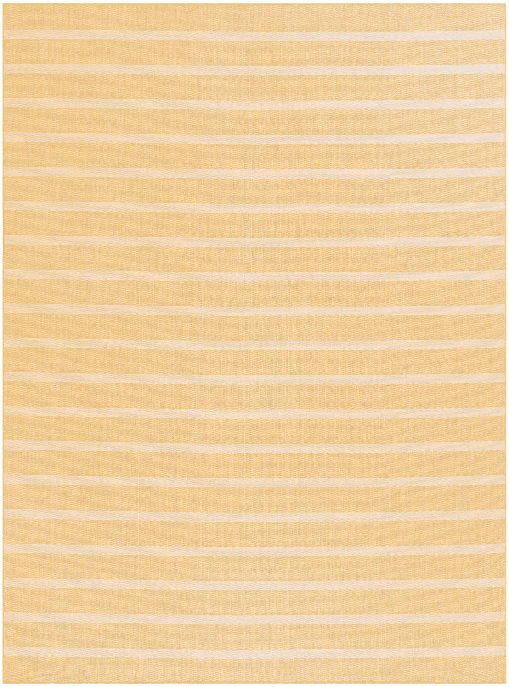 Rectangular pale yellow rug with evenly spaced white horizontal stripes; woven texture, modern coastal style.