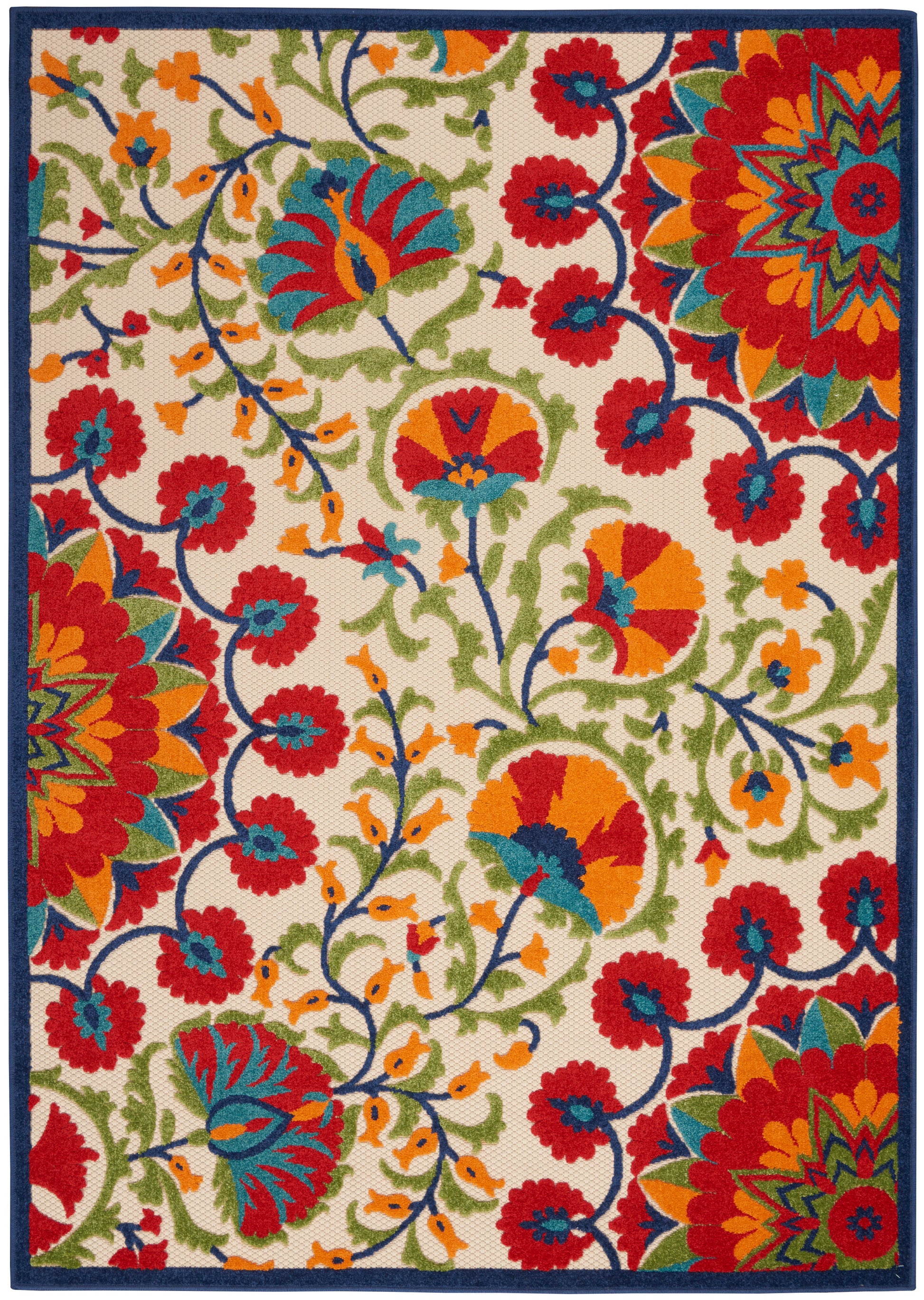 Rectangular rug with vivid multicolor floral pattern on ivory background and dark blue border.