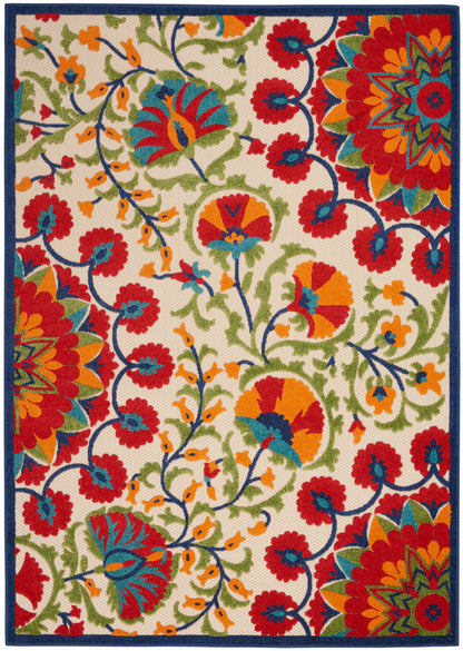Rectangular rug with vivid multicolor floral pattern on ivory background and dark blue border.