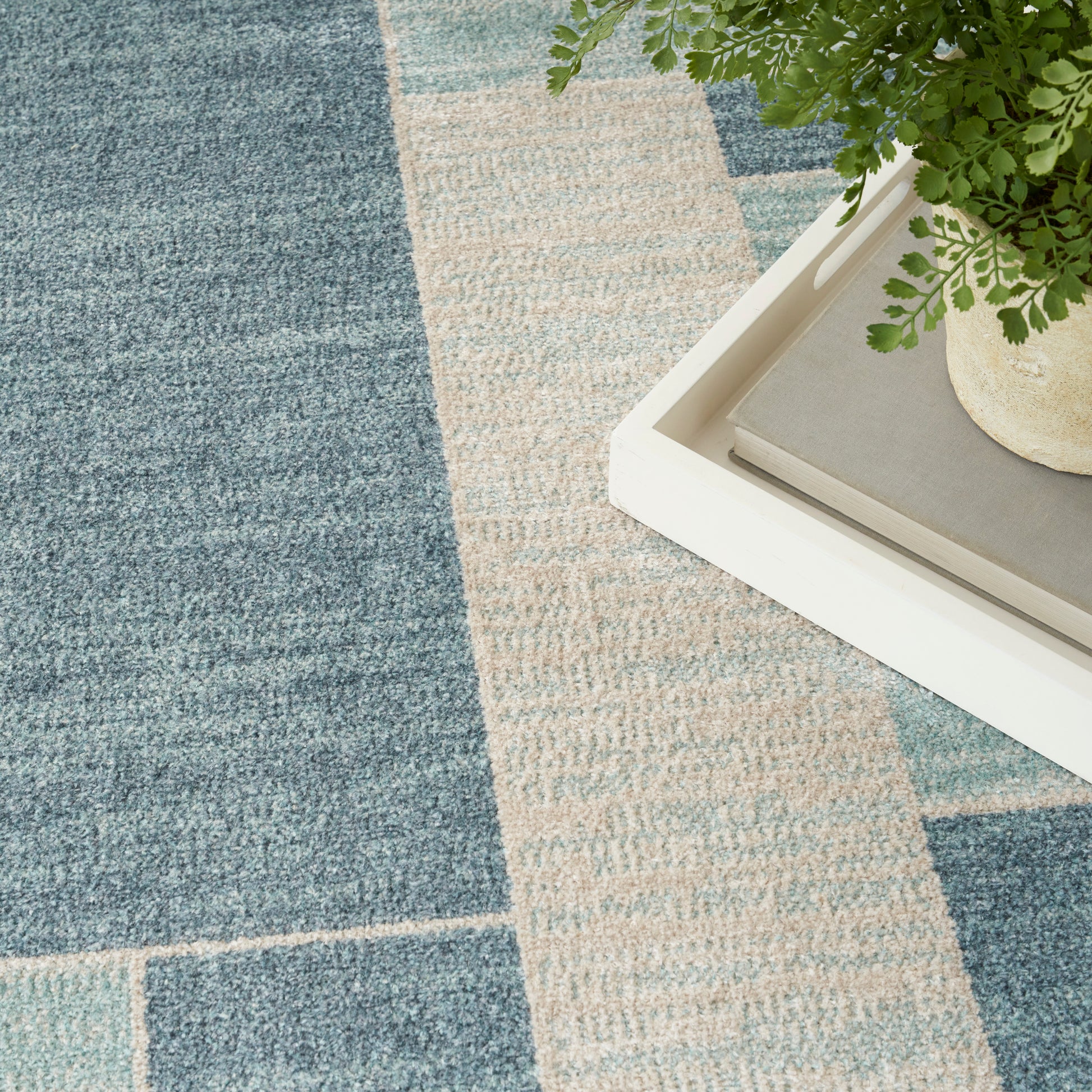 Blue and beige checkered rug with a white tray holding a potted fern and a book.