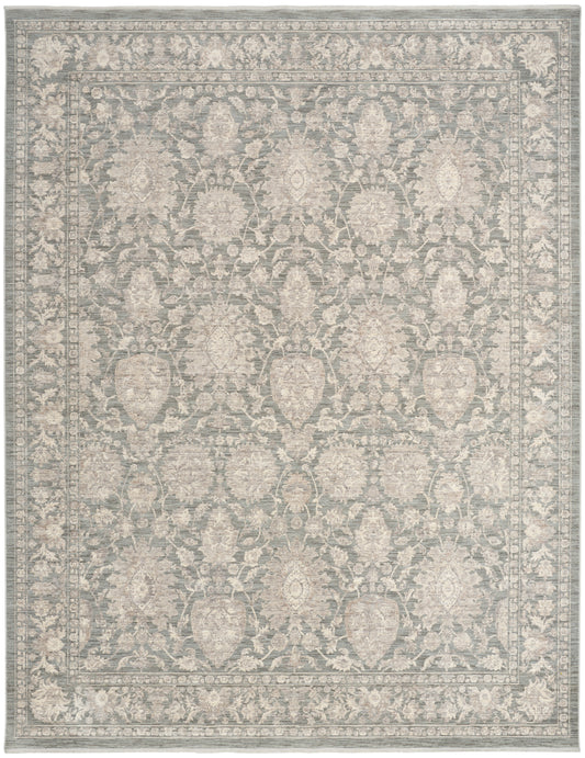 Grey-blue traditional rug with ivory floral medallions, scrolling vines and ornate bordered edges.