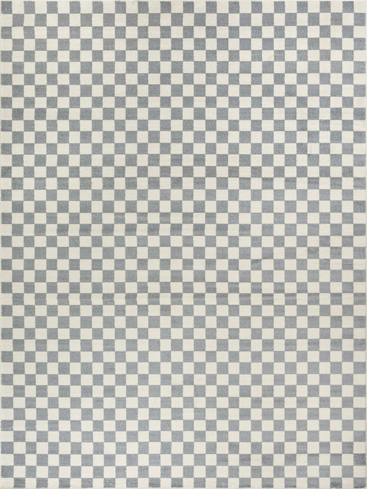 Gray and white checkerboard fabric pattern with woven texture and square grid design.