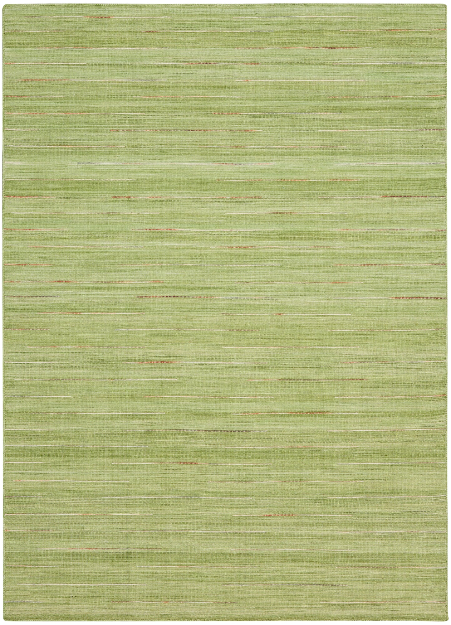 Green woven area rug with horizontal brushed stripes in light to mid greens and subtle orange accents; rectangular, modern casual.