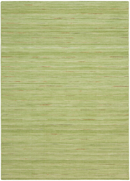 Green woven area rug with horizontal brushed stripes in light to mid greens and subtle orange accents; rectangular, modern casual.