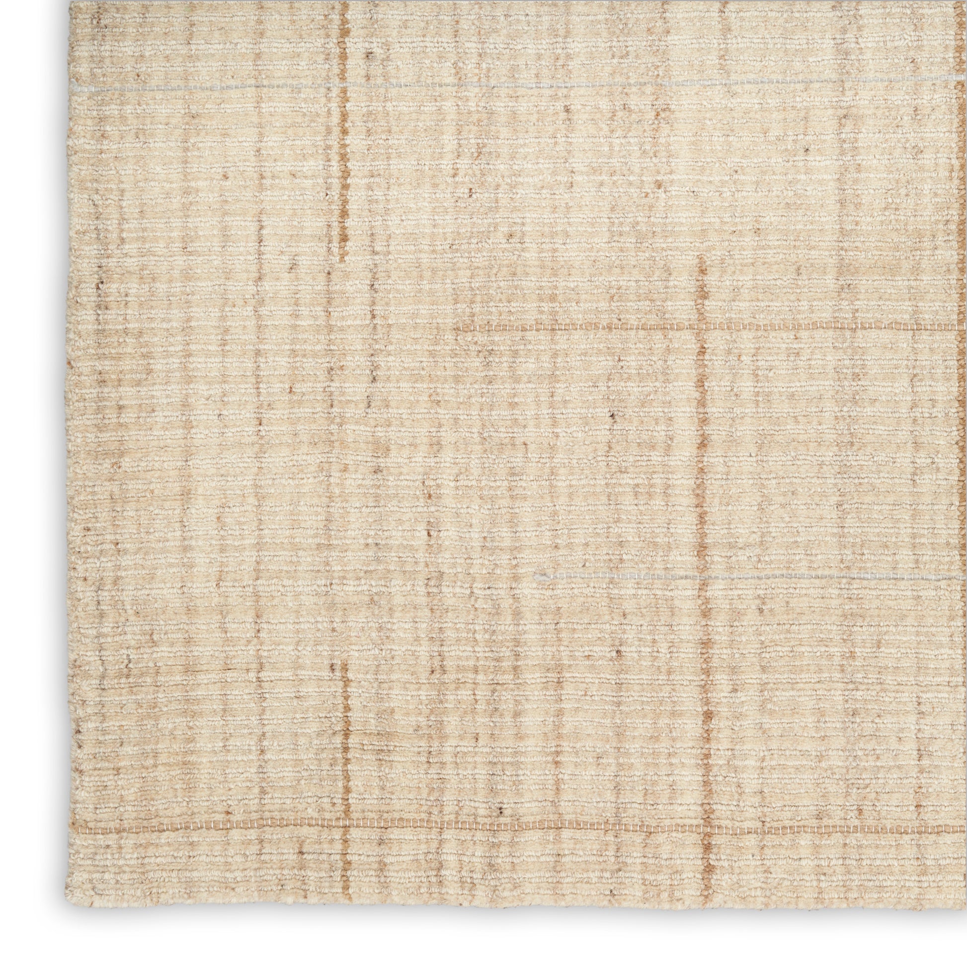 Cream woven rug with subtle tan grid lines, natural fiber texture, rectangular floor decor.
