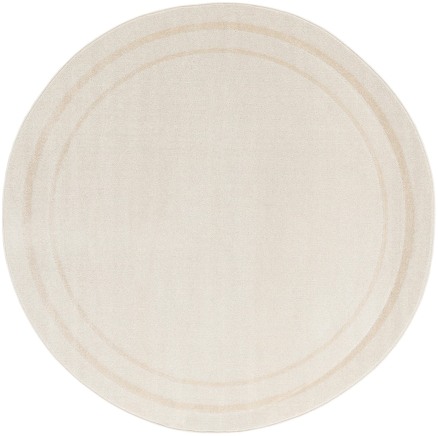 Beige round woven rug with subtle concentric rings; natural fiber texture for living room