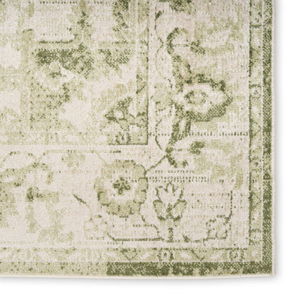 Beige and sage green vintage-style rug close-up with floral pattern and decorative border.