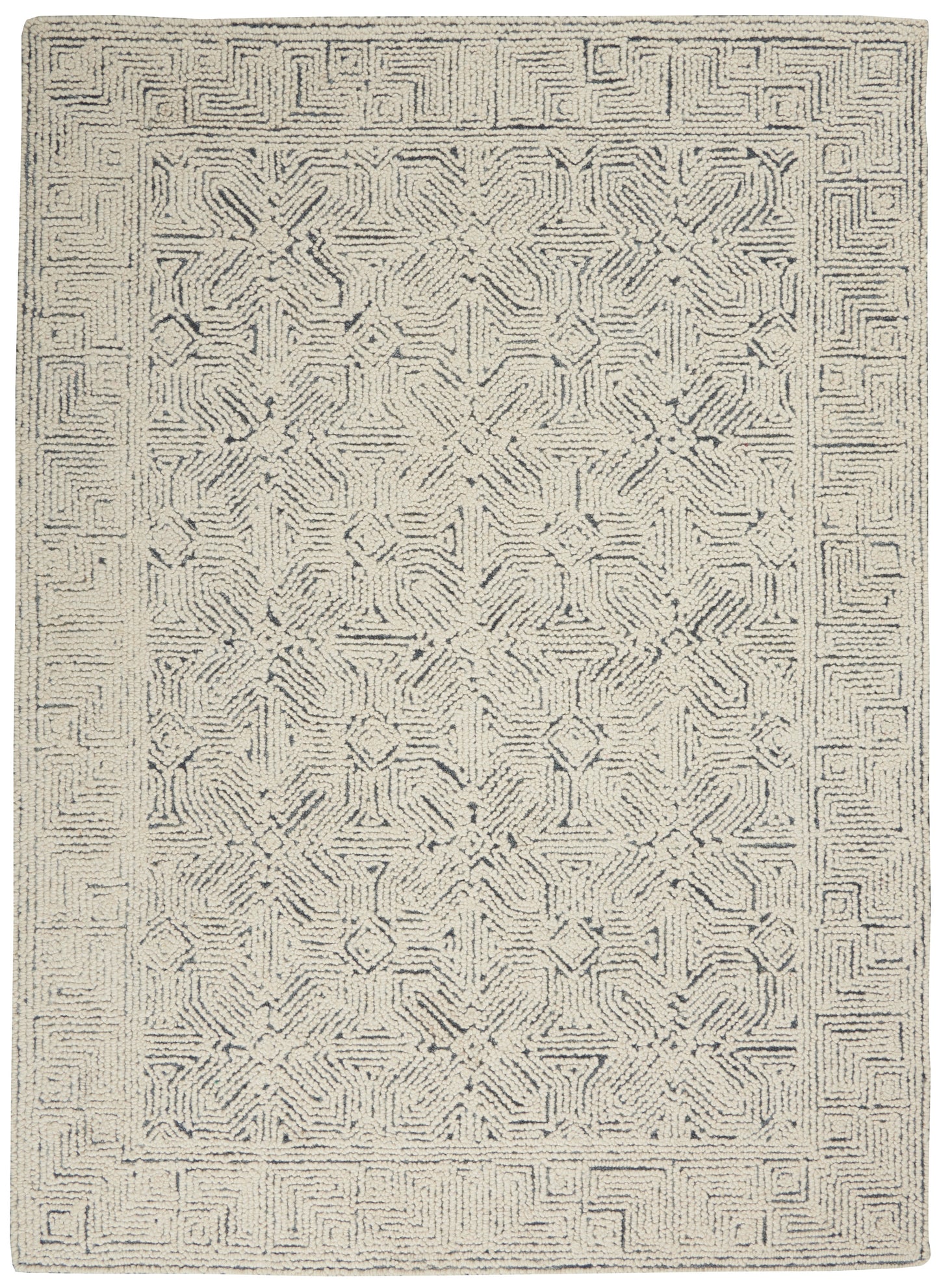 Rectangular cream and charcoal geometric area rug with a central star medallion and meander border; soft textured pile.