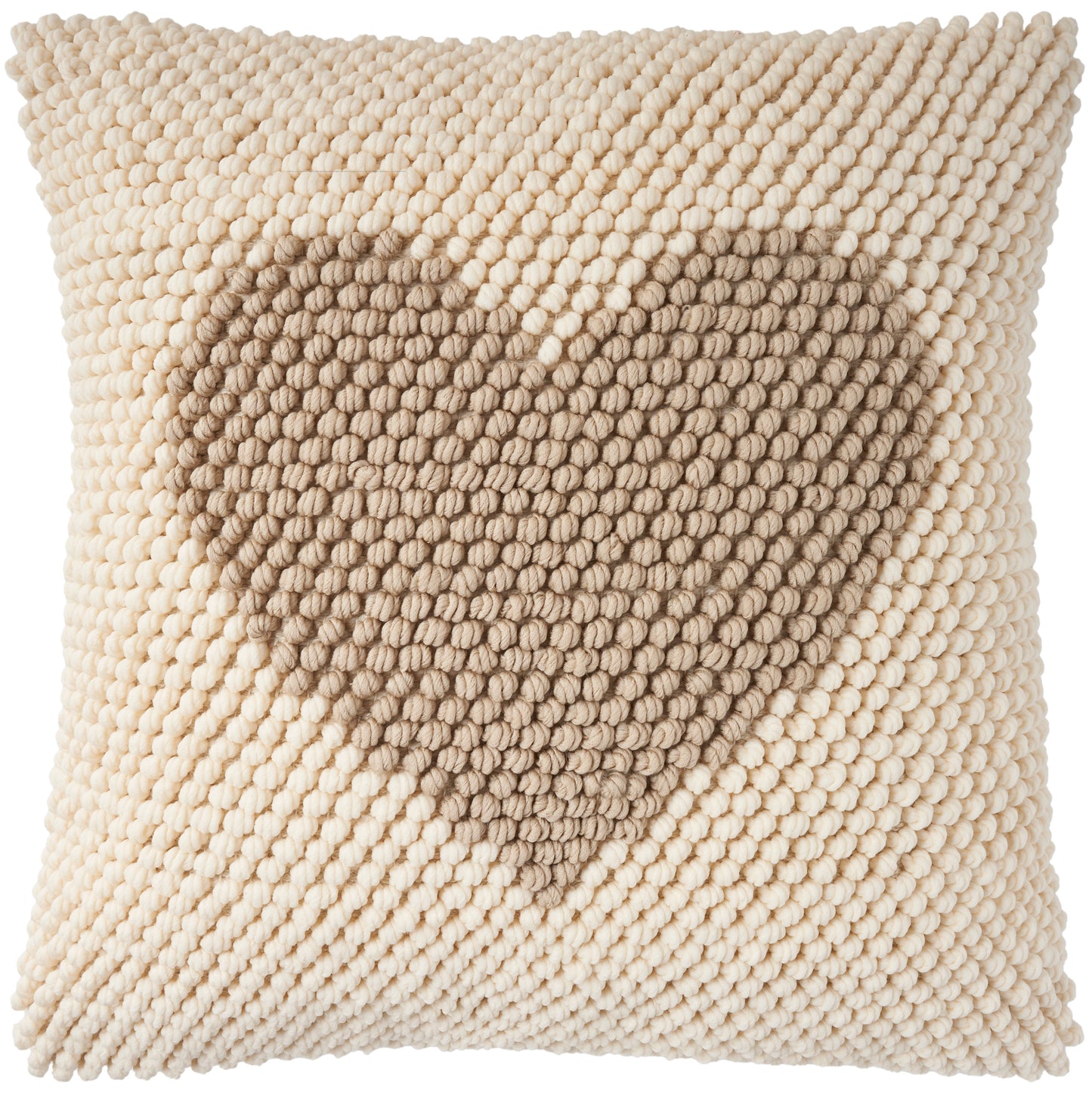 Beige chunky loop-yarn throw pillow with a brown heart motif, cozy boho cushion for sofa.
