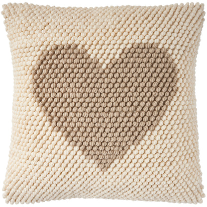 Beige chunky loop-yarn throw pillow with a brown heart motif, cozy boho cushion for sofa.