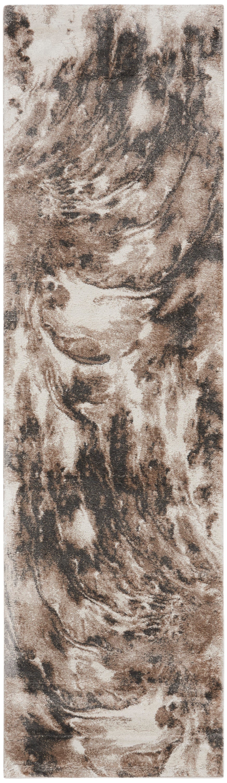 Rectangular faux fur textile with beige and brown swirls, soft shaggy rug look.