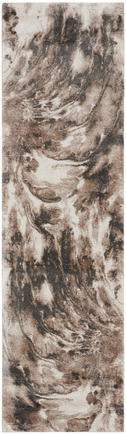Rectangular faux fur textile with beige and brown swirls, soft shaggy rug look.
