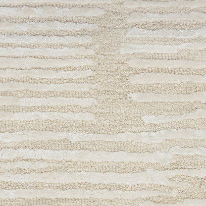 Beige textured rug with cream looped pile, horizontal stripe pattern, plush and soft, ideal for living room or bedroom.