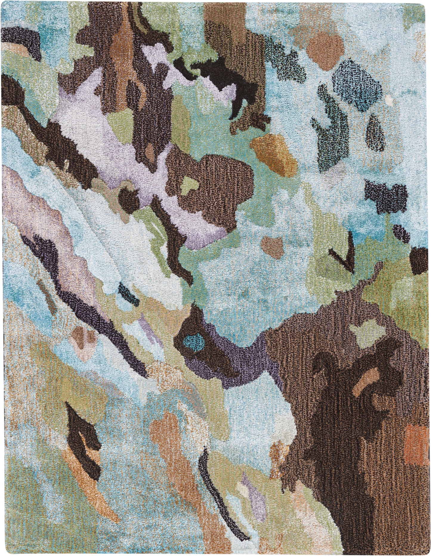 Abstract multicolor area rug with teal, browns, greens and purple; irregular organic shapes, soft pile, contemporary decor.