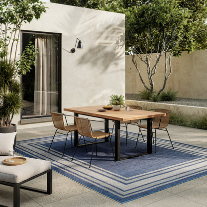 Blue striped rug on a patio with a beige wall, glass door and garden plants.