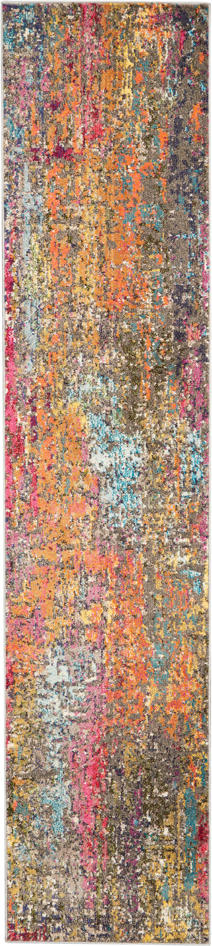 Rectangular runner rug with a distressed abstract pattern in orange, pink, teal, gray & gold tones.
